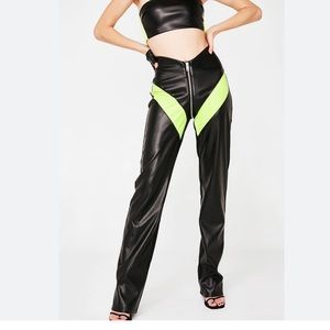 I AM GIA Anastasia Pants Faux Leather Stretch Zipper Festival Neon Straight Leg